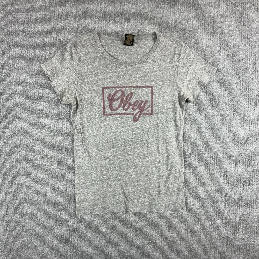 Obey Shirt Womens Medium Gray Logo Graphic Crew Neck Short Sleeve Tee Top